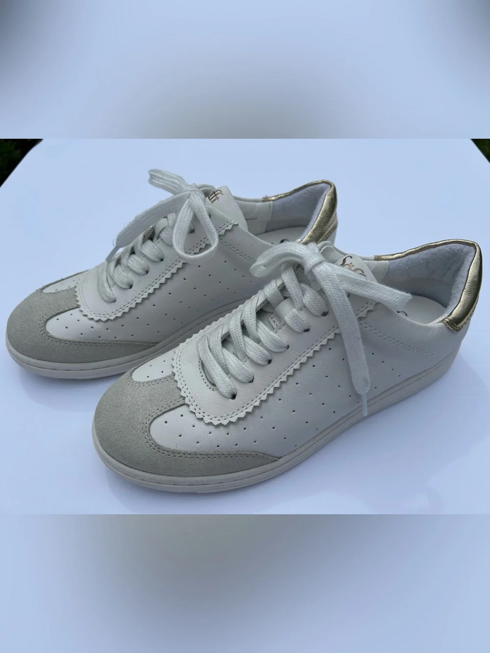 NWT🌷Sofft White & Light Gray Leather Sneakers with Gold Metallic Accent
